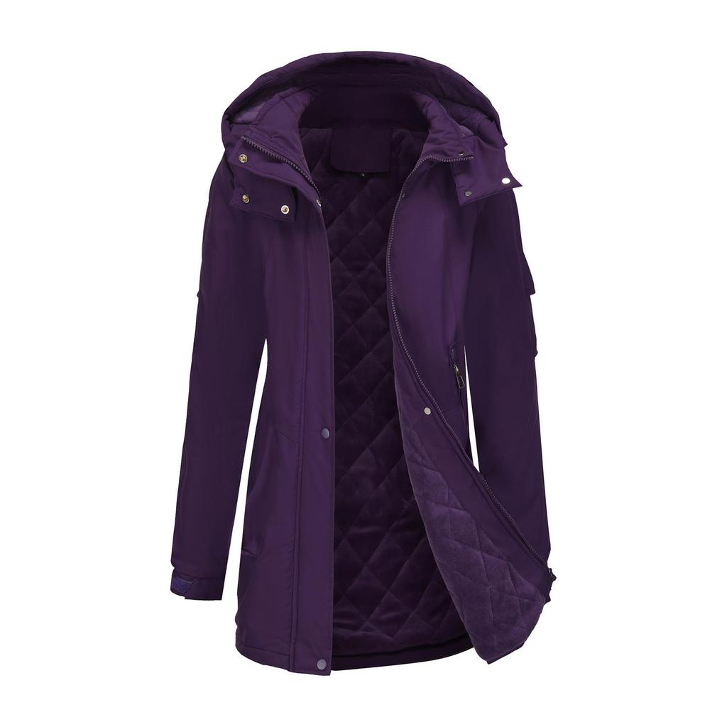 Women’s Warm Windcheaters Detachable Hooded Fleece Lined Zipper Coats Windproof Parka Outdoor Hiking Mountaineering Jackets