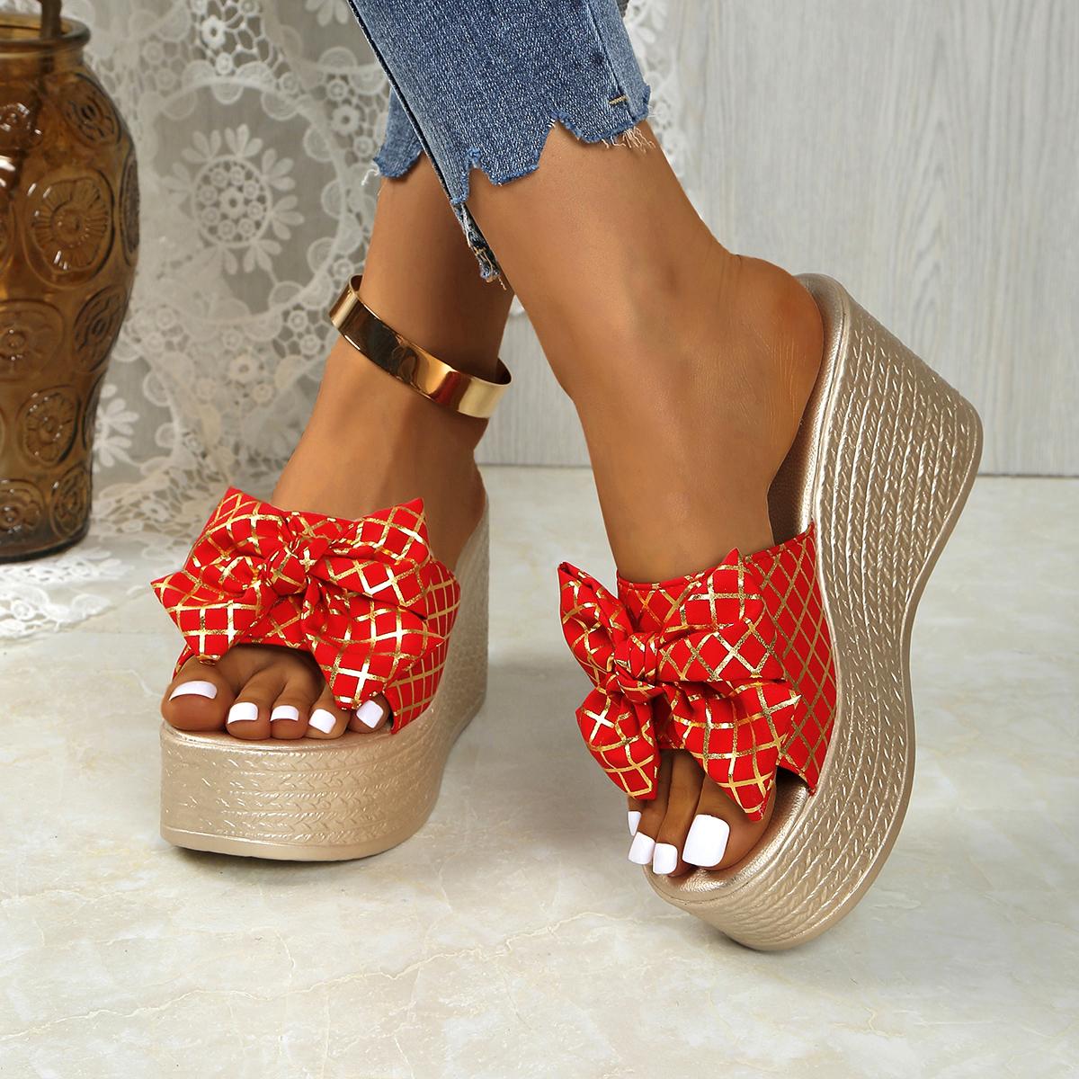 

Модные летние женские шлепанцы на танкетке с леопардовым принтом и бантом, водонепроницаемые шлепанцы на платформе для улицы и отдыха, большой размер Zapatillas De Mujer 35 красный