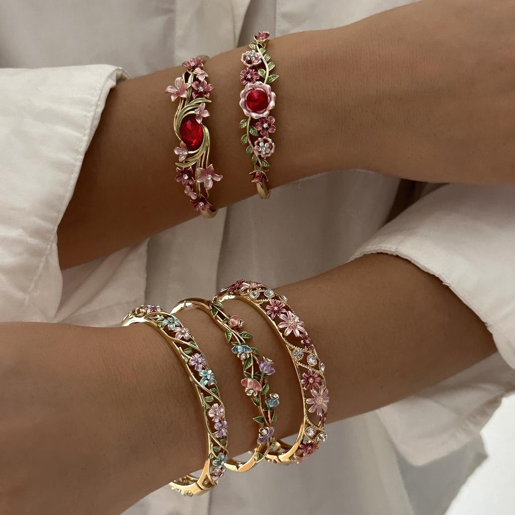 Boho Vintage Colorful Enamel Flower Bracelet For Women Gold Plated Crystal Zircon Hollow Floral Bangle Party Wedding Jewelry