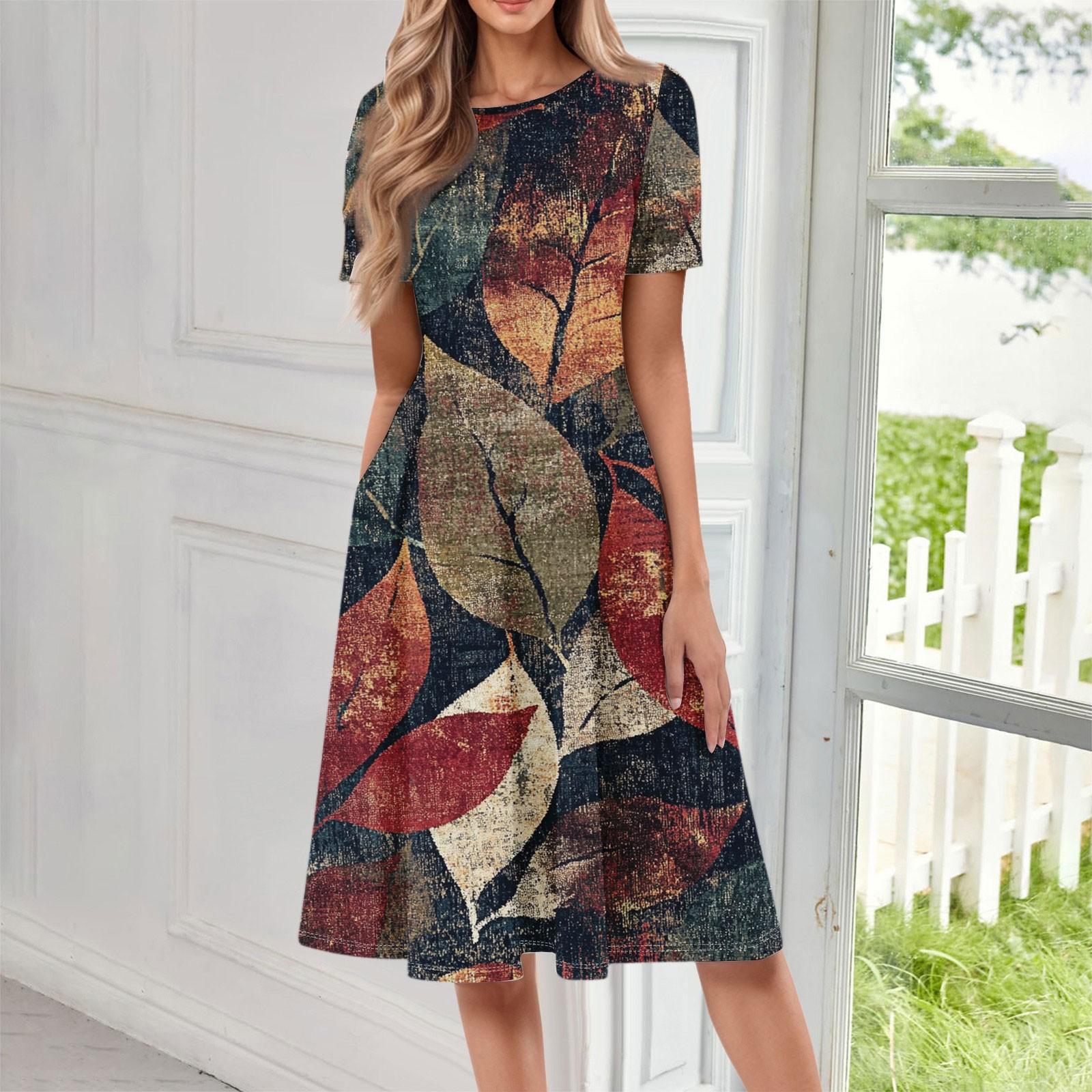 

Women s Casual Fashion Round Neck Short Sleeve Floral Print Midi Dress XL винний