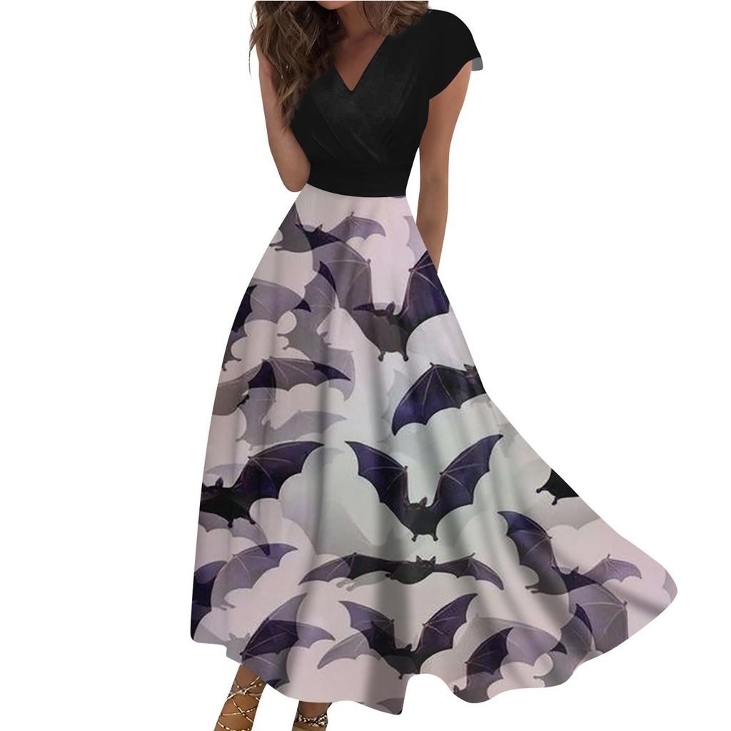 Women's Long Dress Maxi Dress Casual Dress Casual Short-Sleeve V Neck Boho Waist Halloween Printed Dress