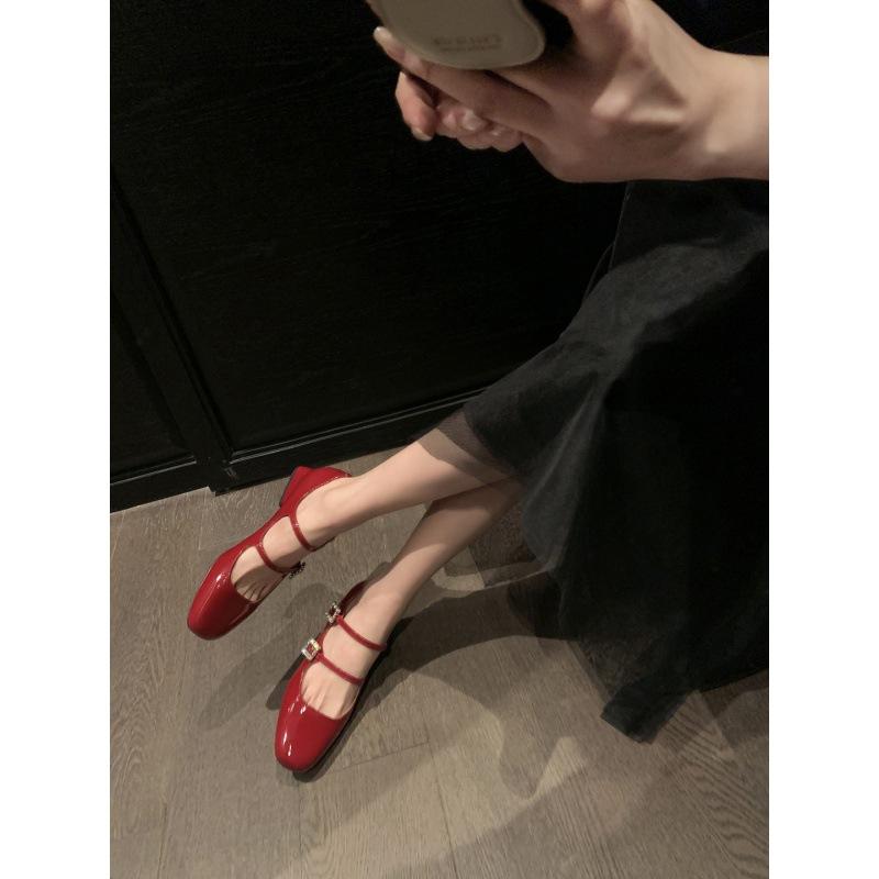 Sheepskin Version 2025 New Su Yinyin Same Square Head Leather Rhinestone Buckle with Thick Heel Mary Jane Single Shoes Women's Wedding Shoes