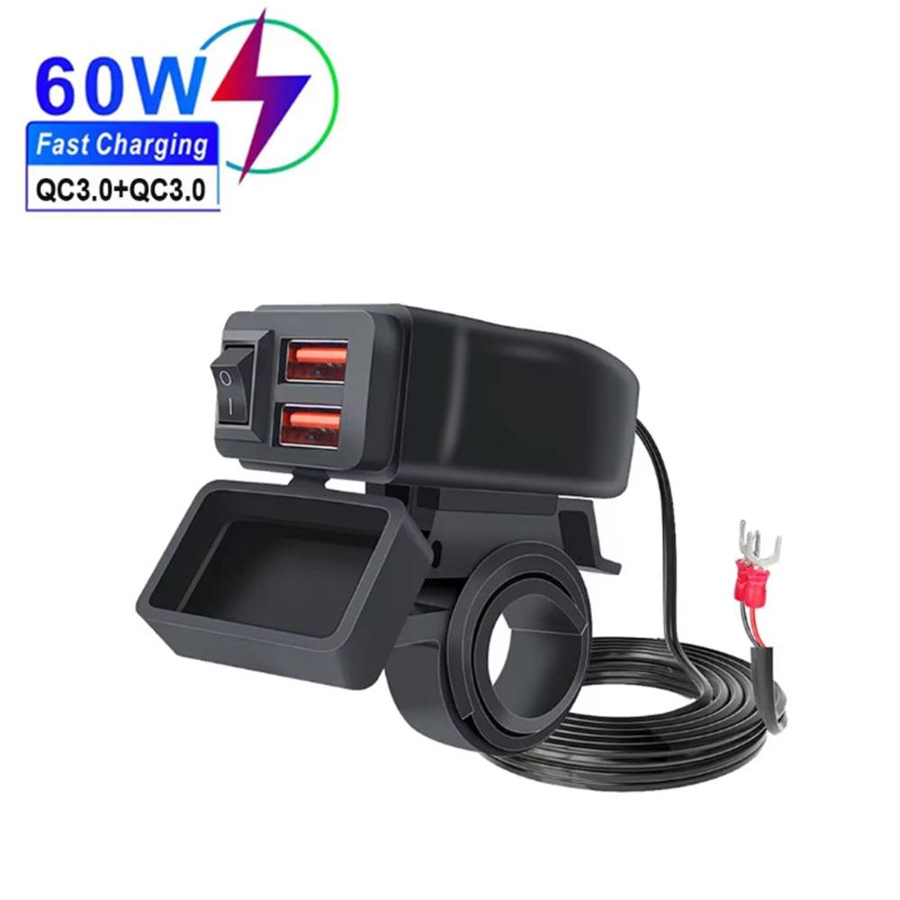 PD QC3.0 Motorcycle USB Fast Charger 60W Handlebar Dual USB Socket with Switch Voltmeter Waterproof 12V Power Supply Adapter