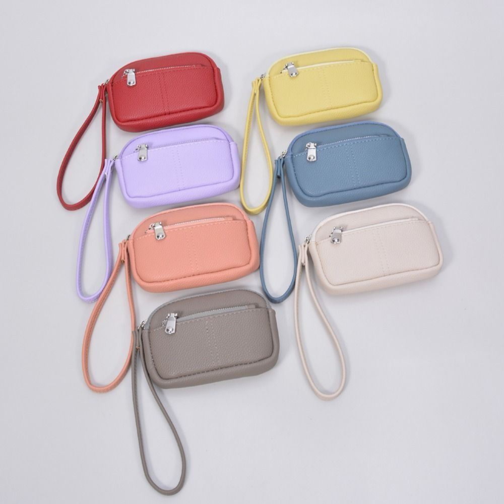 Fashion PU Leather Women Mini Wallet Solid Color Storage Bag Students Coin Purse Large Capacity Zipper Wrist Key Bag Zipper