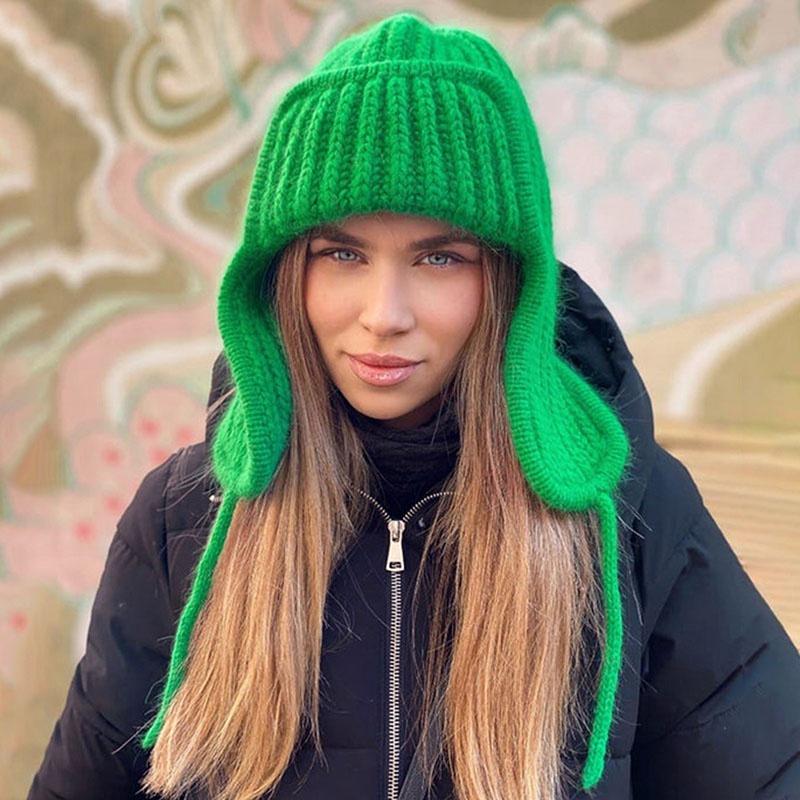 Autumn Winter Ladies Knitted Hat Women Leisure Lei Feng Style Solid Color Flanging Tie Up Ear Protection Windproof Warm Cap Bomber Hats Outdoor
