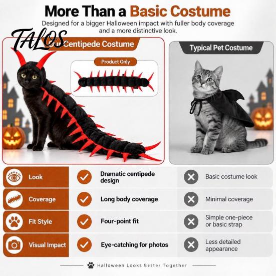 Unique Pet Party Clothing Centipede-Look Cat Costume, Halloween Outfit, Stuffed Plush Segmented Body with Funny Costumes Adjustable Straps,
