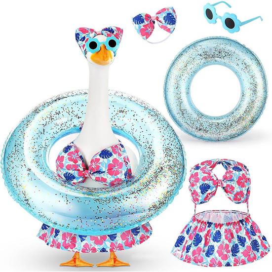 Bikini Porch Goose Outfits, Porch Goose Summer Outfits, Swimsuit with Hat Sunglasses & Swim Ring, Fit 23'' Lawn Goose Statue for Summer Outdoor Garden
