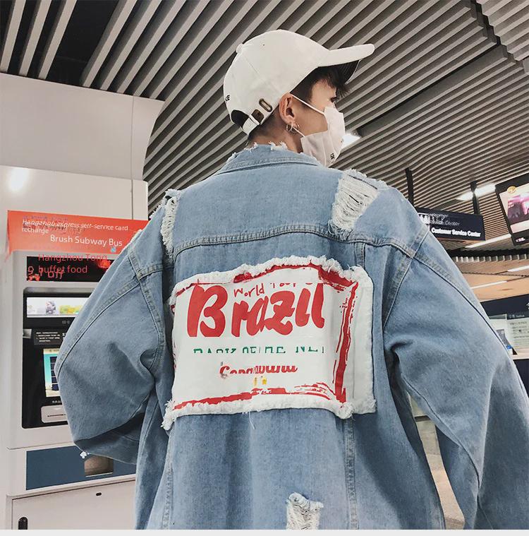 Herren Ripped Light Denim Jacke - Trendige lockere Passform, Koreanischer Stil Oberbekleidung