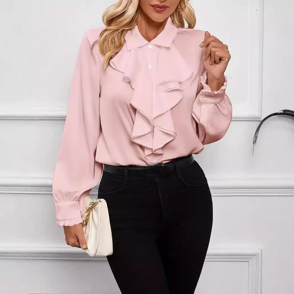 Frühling Herbst Hemden Mode Weiß Rüschen Elegant Bluse Oberteile Damen Langarm Revers Damenhemd Einfarbig Büro Damen Oberteile