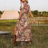 Women Casual Short Sleeve V Neck Bohemian Holiday Style Retro Flower Printed One Piece Dress