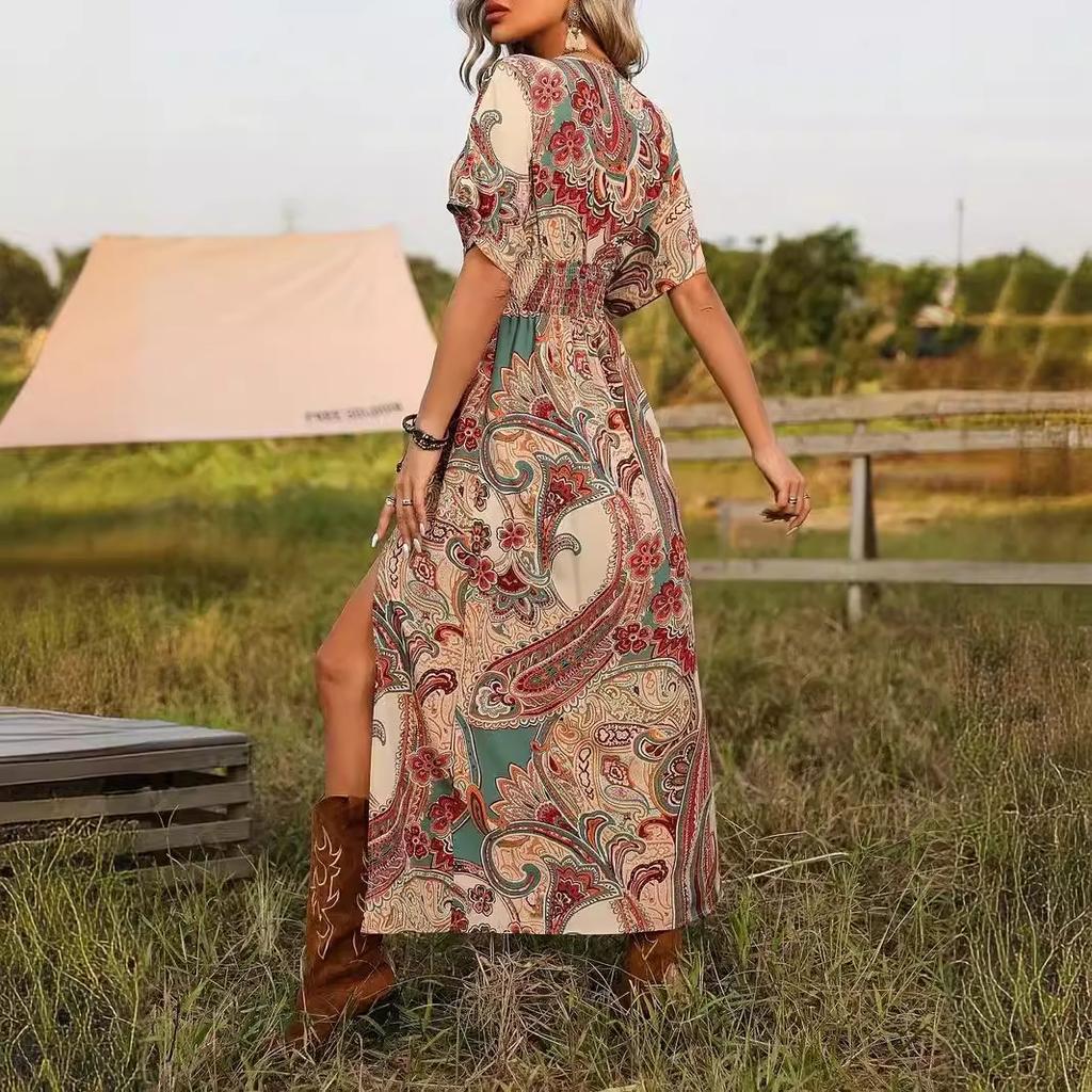 Women Casual Short Sleeve V Neck Bohemian Holiday Style Retro Flower Printed One Piece Dress