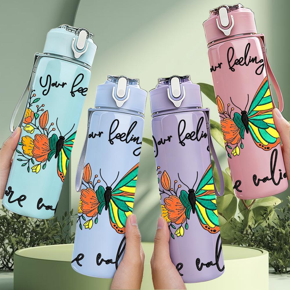 1PC Teal Butterfly Floral Quote 750ml Color Plastic Sports Water Bottle Leakproof Flip Straw Lid Suitable for Sports Office Home Use