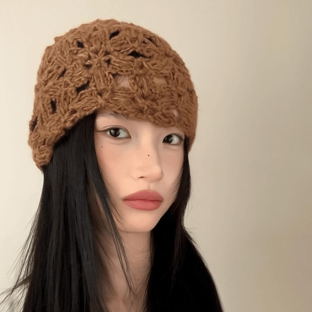 Handmade Knitted Pullover Hat Hollow Beanies Cap Sweet Crochet Flower Hat  Ladies