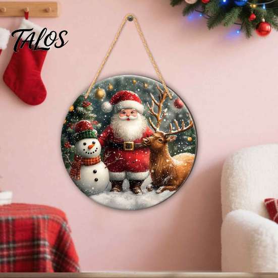 Rustic Christmas Wall Decor Wooden Round Hanging Sign, Santa Claus Highland Cow Winter Theme Farmhouse Holiday Art Door Decor, Welcome Ornament