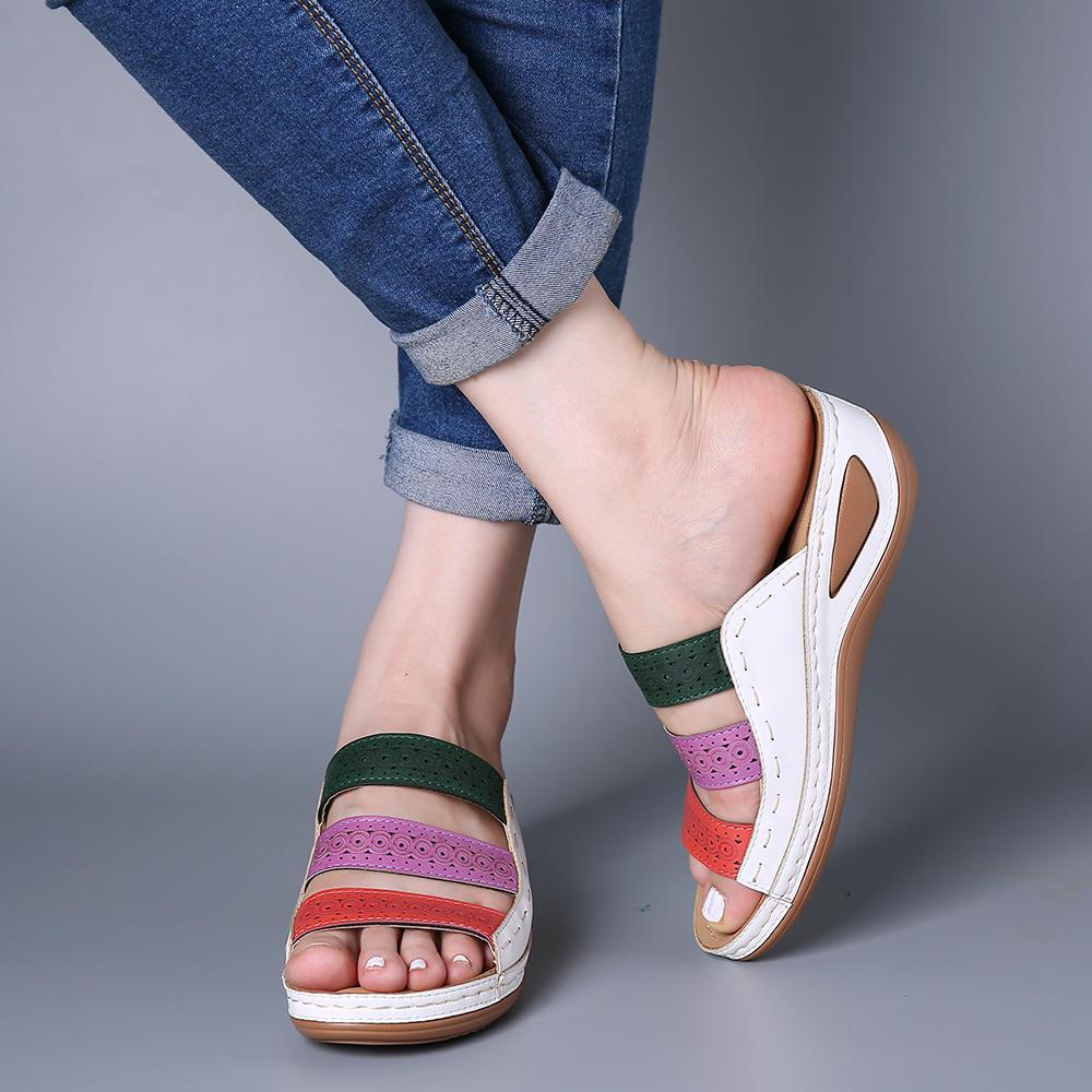 Summer color matching European and American casual foot cover hollow slope heel into one-character slippers women's sandals