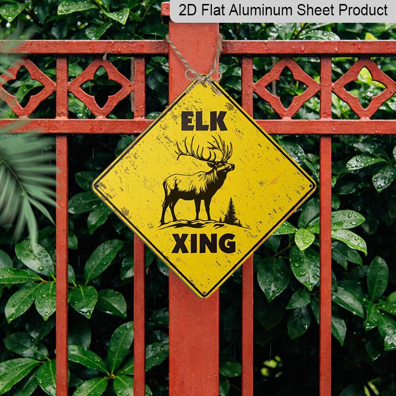 2D Flat 1pc, Vintage Elk Crossing Sign - Rustic Iron Metal Tin Wall Decor with Caution Yellow Finish & Elk Silhouette Design - Indoor/Outdoor Durable