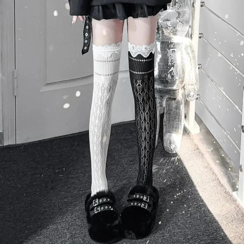 Spitzenbesatz Lochmuster Retro Überknie-Socken Damen Sommer Dünn Stapelbar Wadenstrümpfe Atmungsaktiv Bequem Weich Strumpfhosen Strumpfwaren