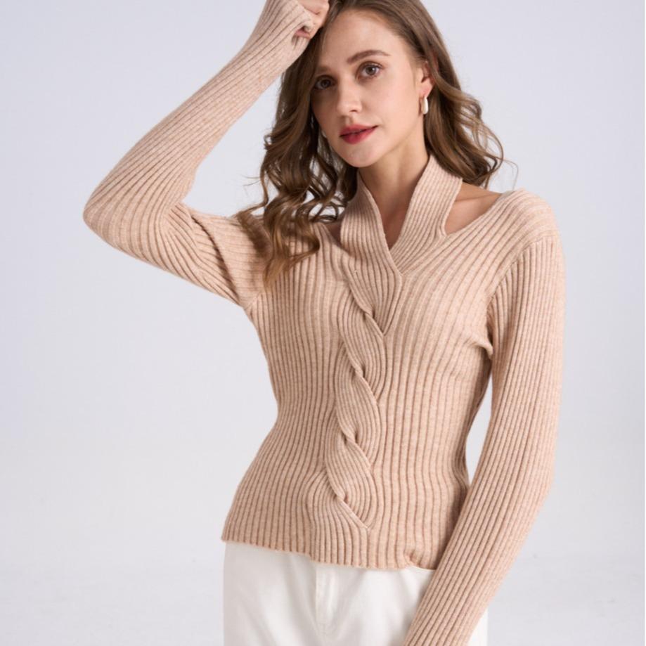 V-neck Braided Sweater, Knitted Halter, Pullover, Striped, Long-sleeved, Slim and Irregular Top for Women
