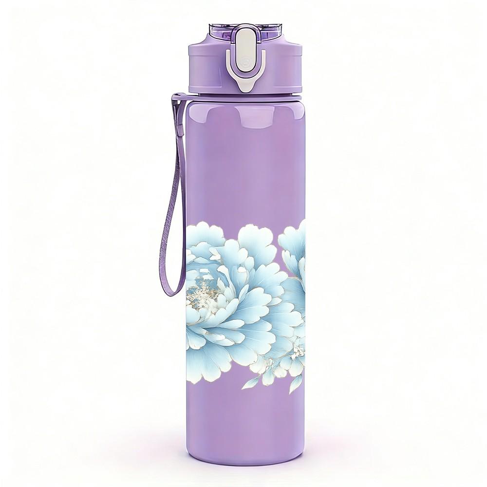 1PC White Peony Floral Pattern 750ml Color Plastic Sports Water Bottle Leakproof Flip Straw Lid Suitable for Sports Office Home Use