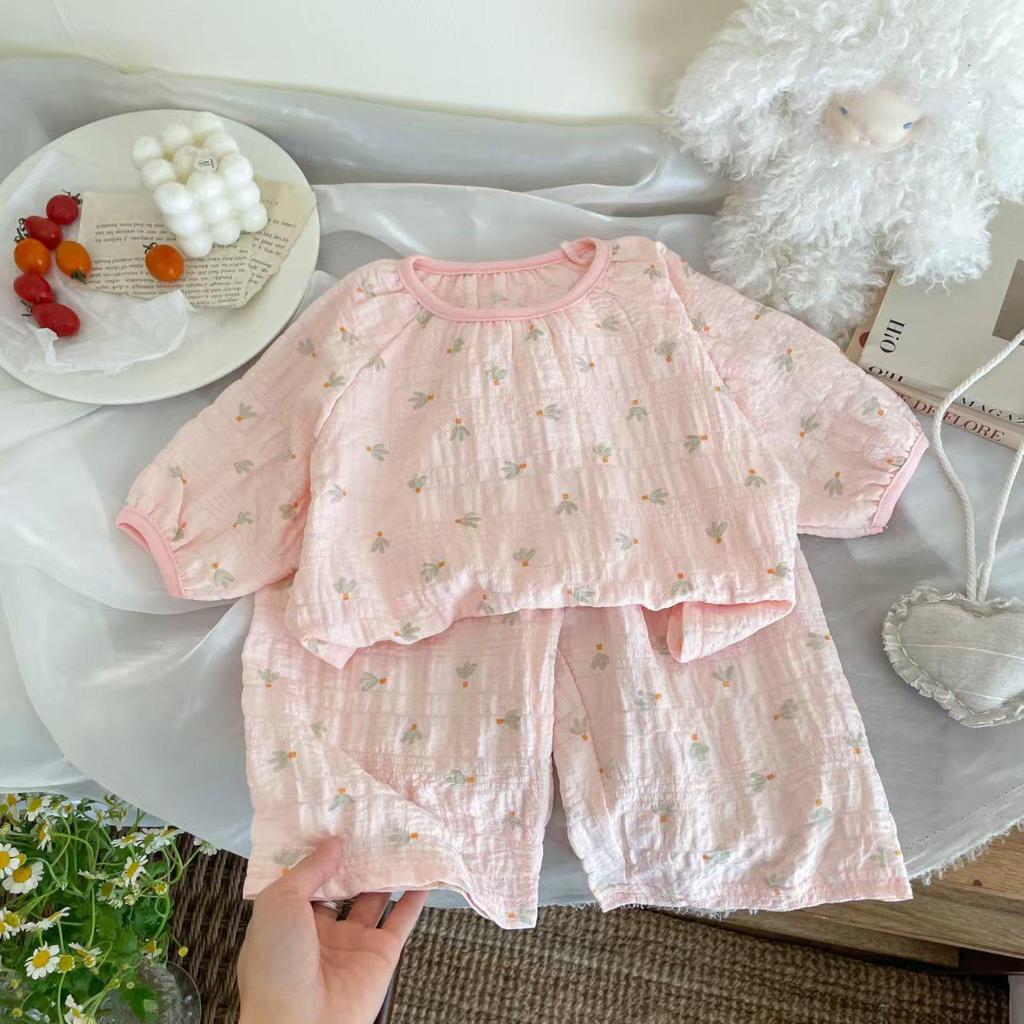 2025 Spring/Summer Girls' Pajama Set: Thin Round Neck, 5-Sleeve, 7/8 Pants, Color Block Design, Perfect for Homewear and Air-Conditioned Rooms