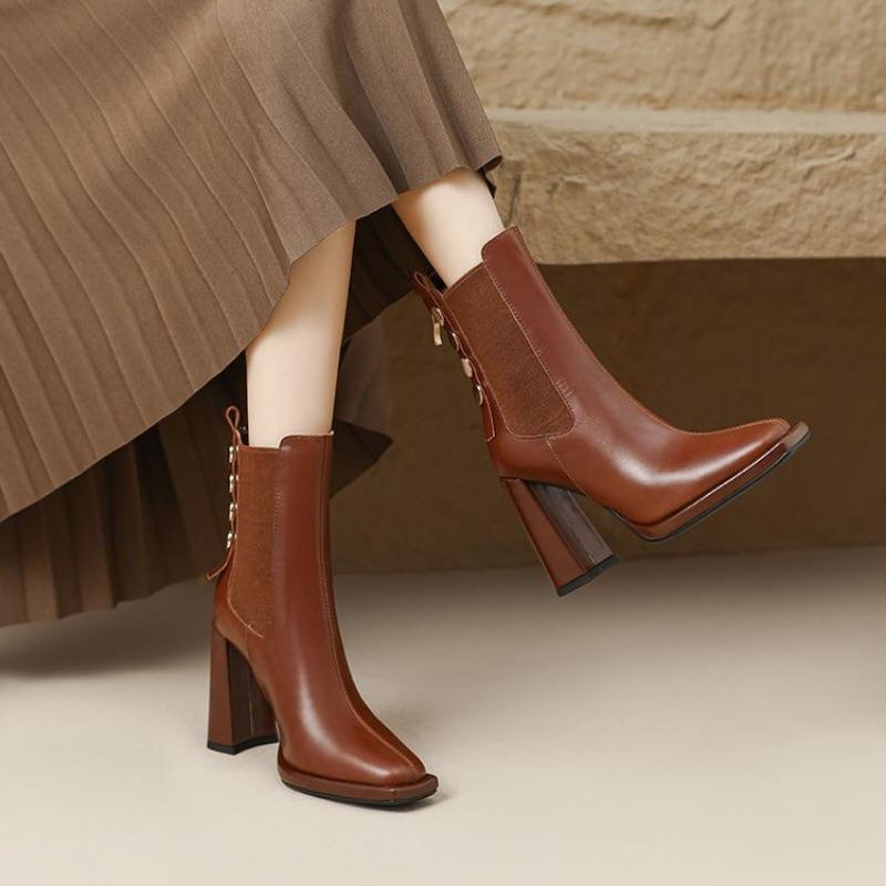 Winter New Thick Heel Cotton Boots Women's Square Head Back Zipper Rivet Anti-slip Wear-resistant Short Boots