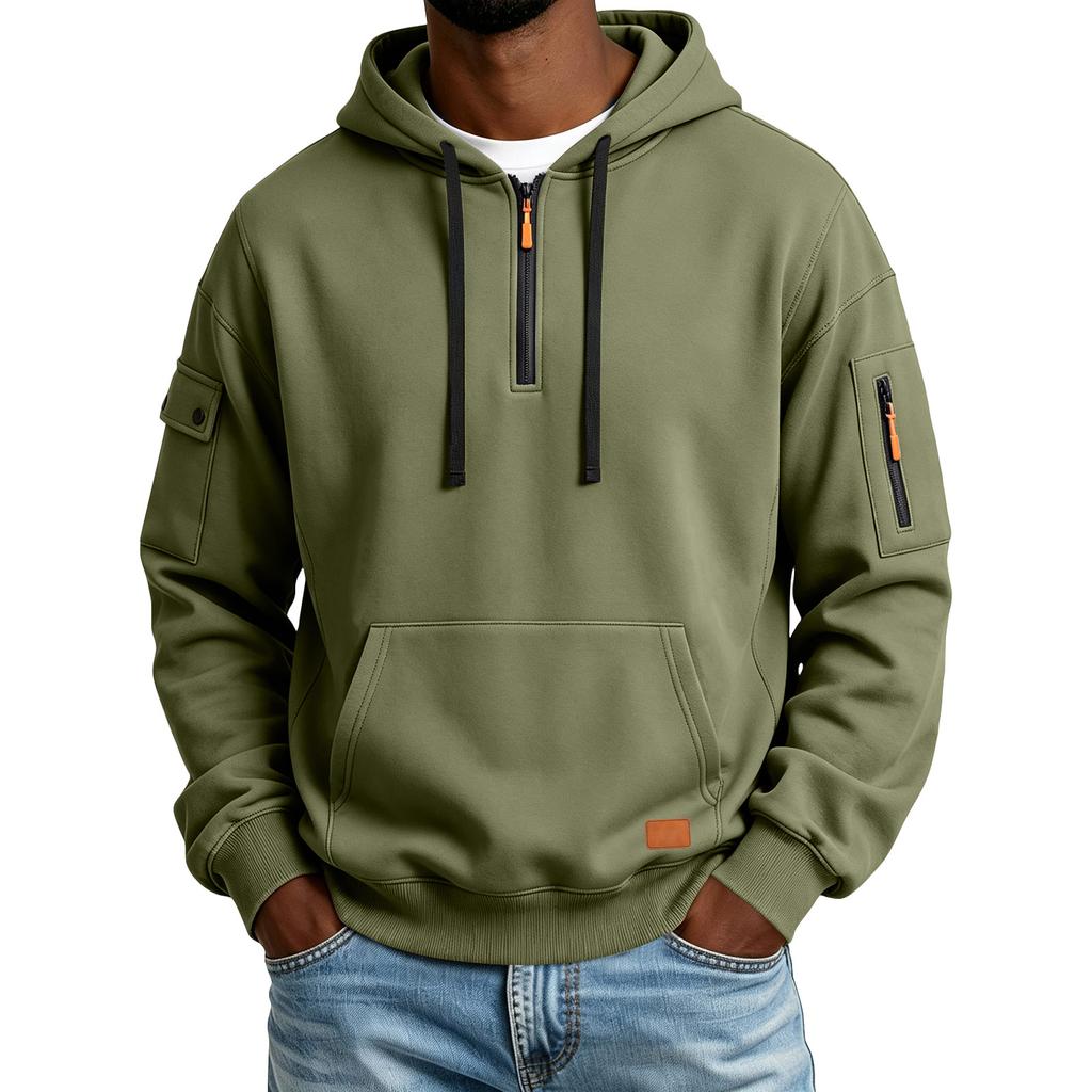 Men's Color Hooded Sweatshirt with Leather Patch and Pockets, Comfortable Casual Everyday Pullover