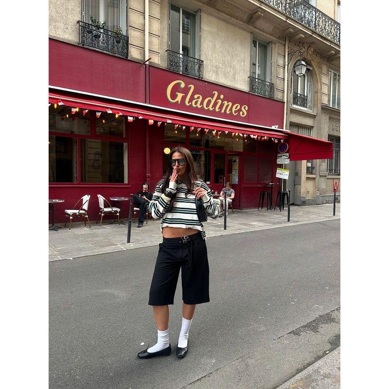 Miu Series Visual Sense American Retro Sexy Contrast Color Stripes Polo Collar Lazy Sense Long Sleeves Versatile T-shirt