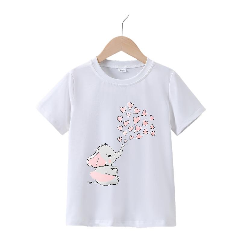 European Sizes Girls' Summer Short Sleeve "Little Elephant Love" Print T-Shirt