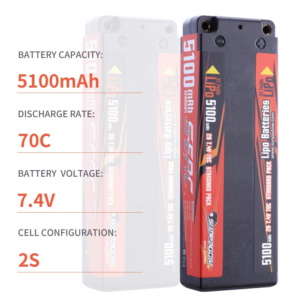 SUNPADOW S-ERC Series 5100mAh 7.4V 2S 70C LiPo Hard Case for RC Trucks, RC Truggys, RC Unmanned Helicopters, FPV Racing