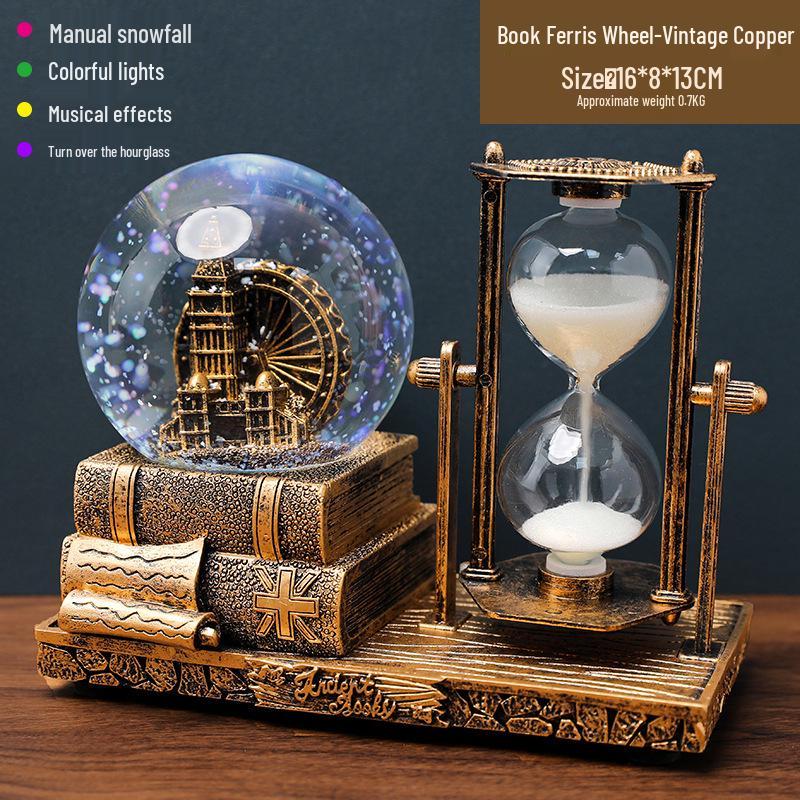 Retro Iron Tower Music Box with Luminous Crystal Ball Hourglass - Perfect for Desktop Ornament or Small Gift for Graduation, Qixi, or Valentine's Day.