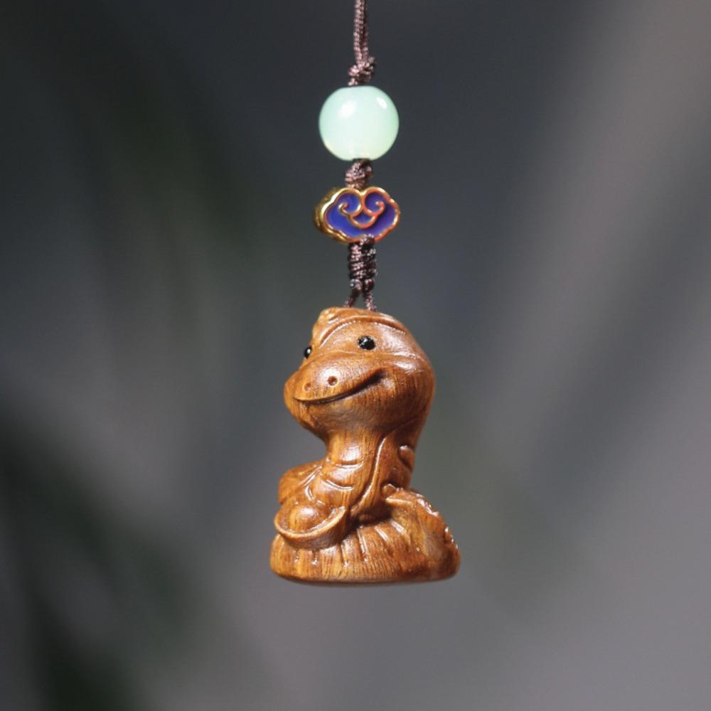 Hand Carved Wooden Chinese Zodiac Snake Pendant Cute Cartoon Snake Lucky Charm Keychain Car Rearview Mirror Bag Hanging Ornament