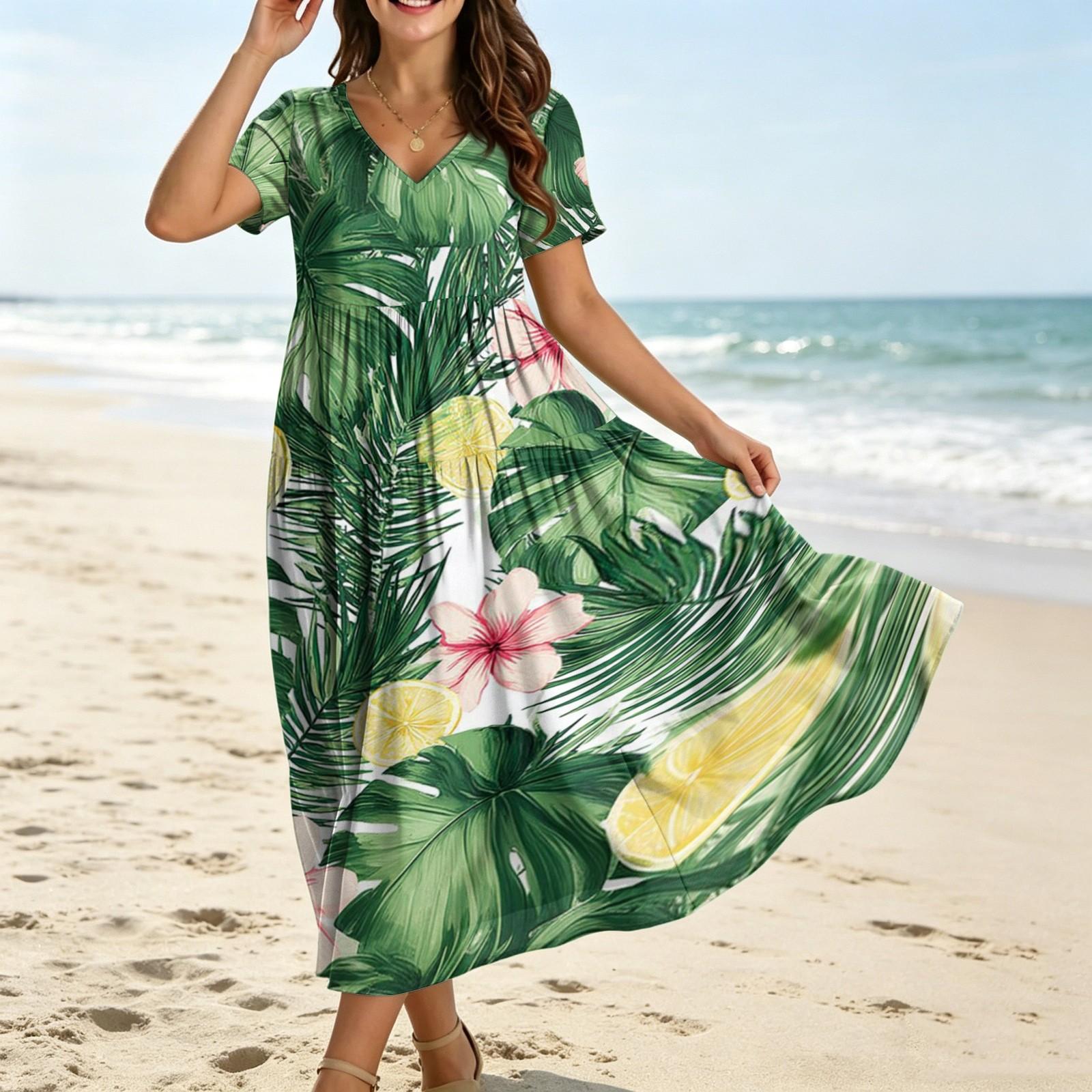 

Women’s Short Sleeve V Neck Casual Maxi Dress with Sunflower Print Loose Fit Summer Boho Style for Daily Wear L оранжевый