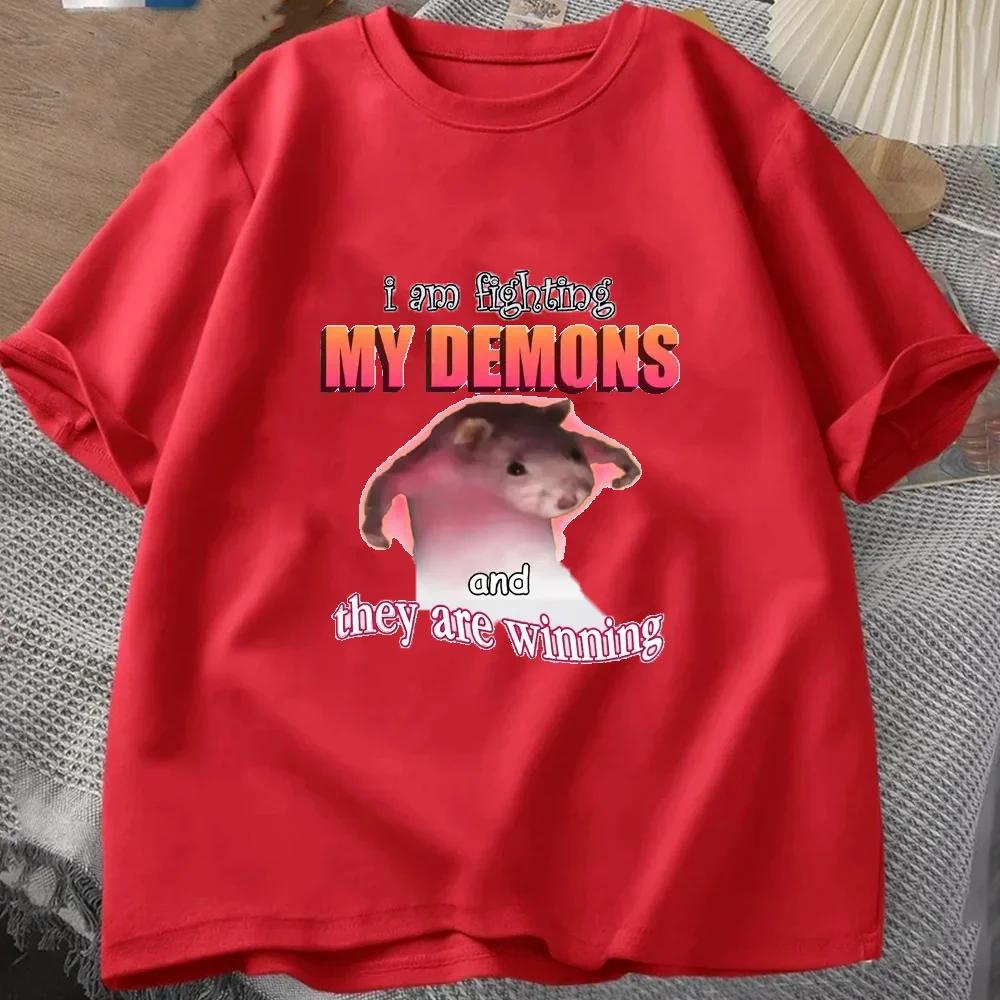 

Забавно, я борюсь со своими демонами, и они побеждают, мышь, мужчины, женщины, футболка, креативная, с коротким рукавом, оверсайз, мужские футболки XXXXXL серый