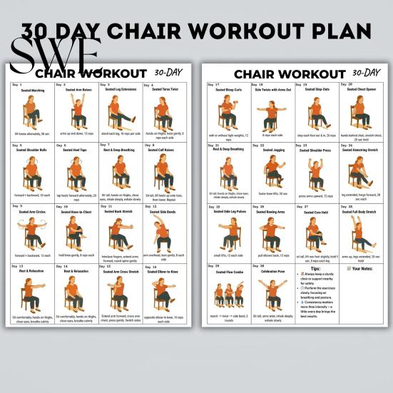 Tai Chi Stoel Workout Grafiek Poster 2 Stuks Oefeningen voor Senioren en Beginners 10x8 Inch Frameloos Fitnessschema met Zachte Zittende Houdingen Flexibiliteit