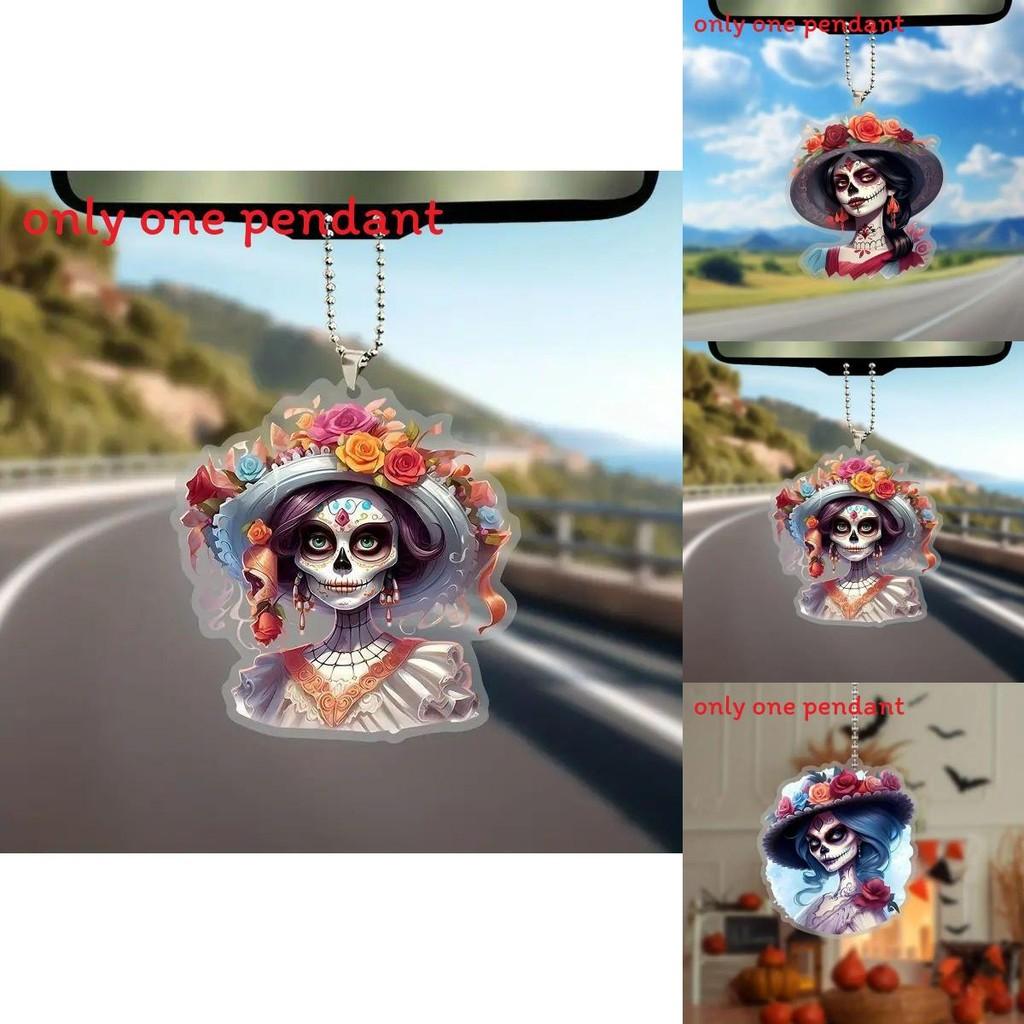 Car Decor Acrylic Halloween Cartoon Skull Flower Hat Design Pendant With Beaded Chain For Auto Interior