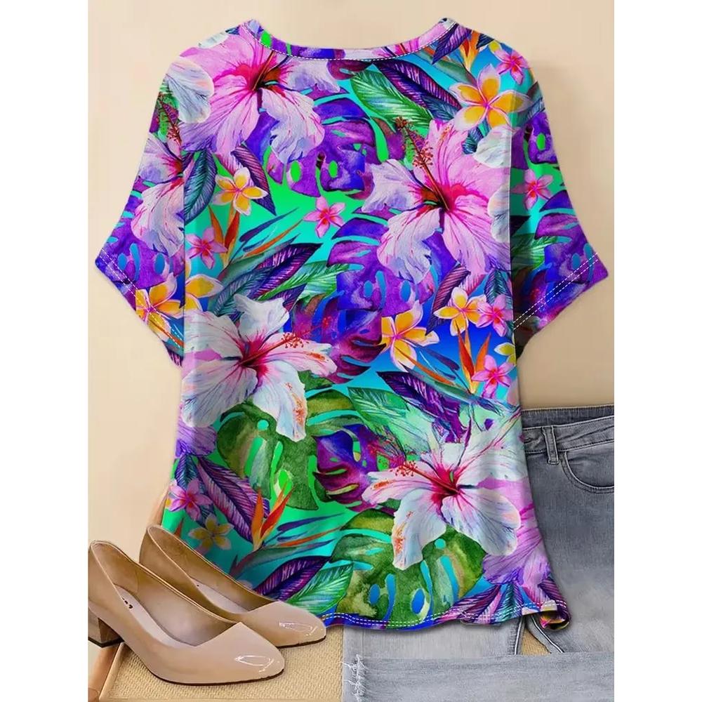 Women's Flower Print Versatile Top Casual Short Sleeve Loose Comfortable T-Shirts Women’s