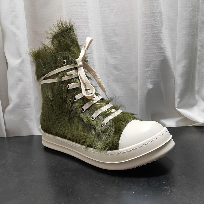 Horsehair Fashion Women and Men Ankle Boots Lace Up Trendy Green Tassel Flat Platform Height Increasing All Match Bota