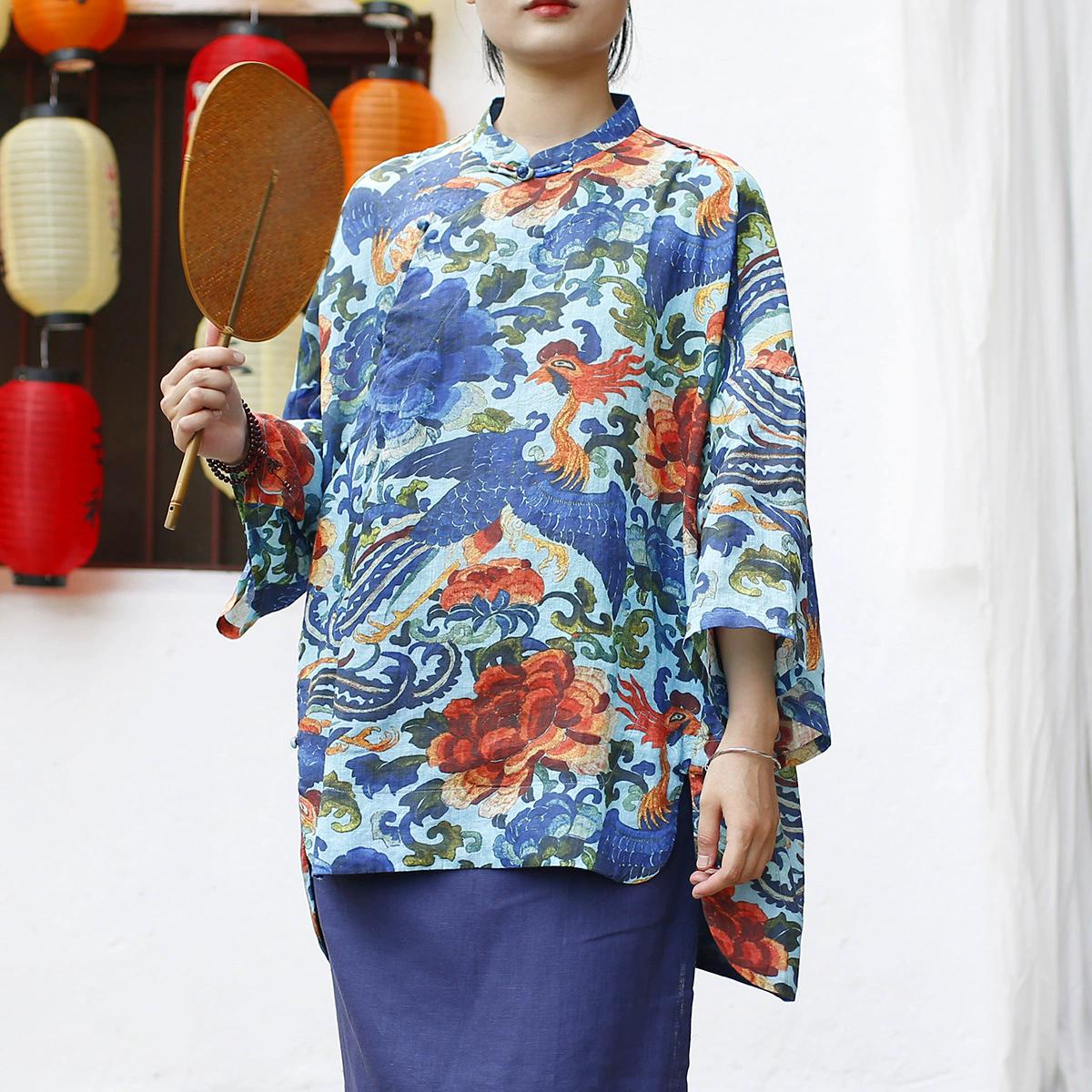 

Johnature Vintage Print Floral Shirts Tops For Women Stand Long Sleeve Autumn Blouses High Quality Shirts One Size