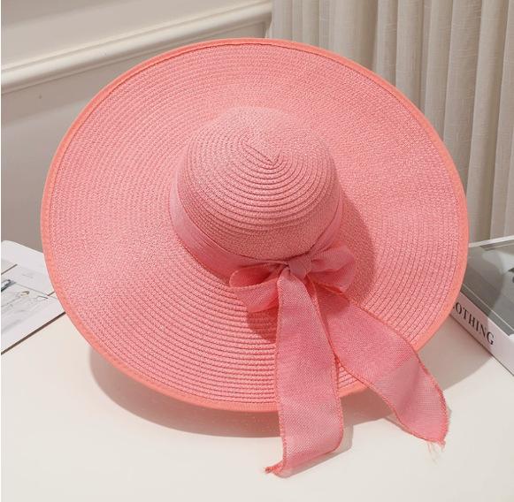 Zomer Grote Rand Strand Zon Hoed Buiten Mode Grote Rand Opvouwbare Zon Hoed Vrouwen Effen Kleur Strik Decoratie Top Hoed 56-60cm