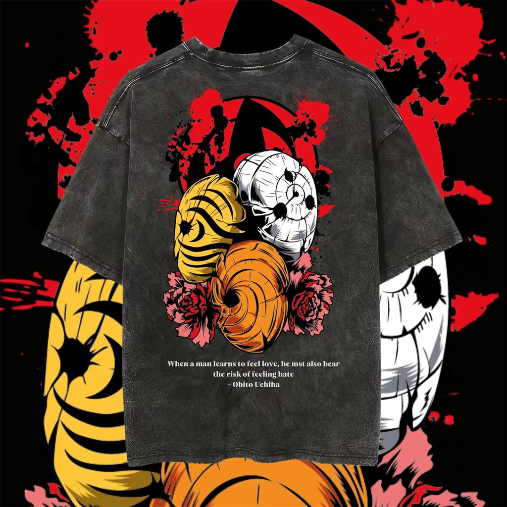 Vintage Washed Men's T-shirt Anime Obito Uchiha Manga Cotton T Shirt Summer Y2K Streetwear Men Tops Casual Clothing