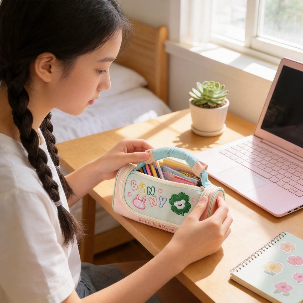 Oxford Cloth Cute Clover Pencil Case With Embroidery Large Capacity For Students And Office