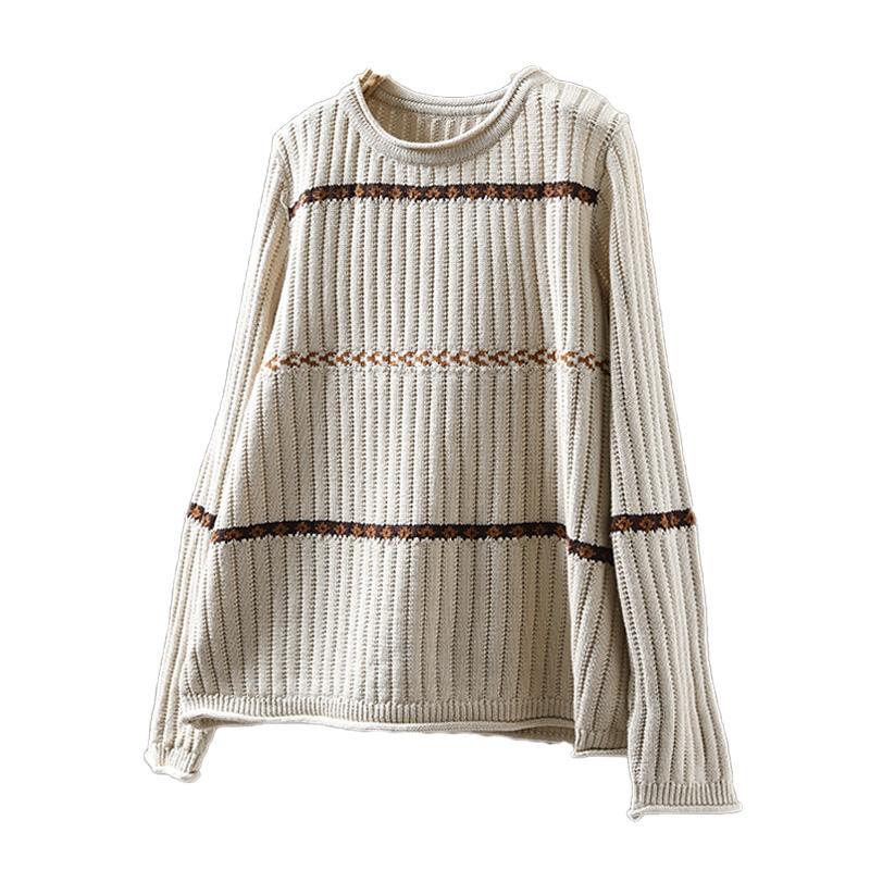 Women's Retro Striped Jacquard Knit Sweater - Loose Fit, Plus Size, Cozy Autumn/Winter Pullover