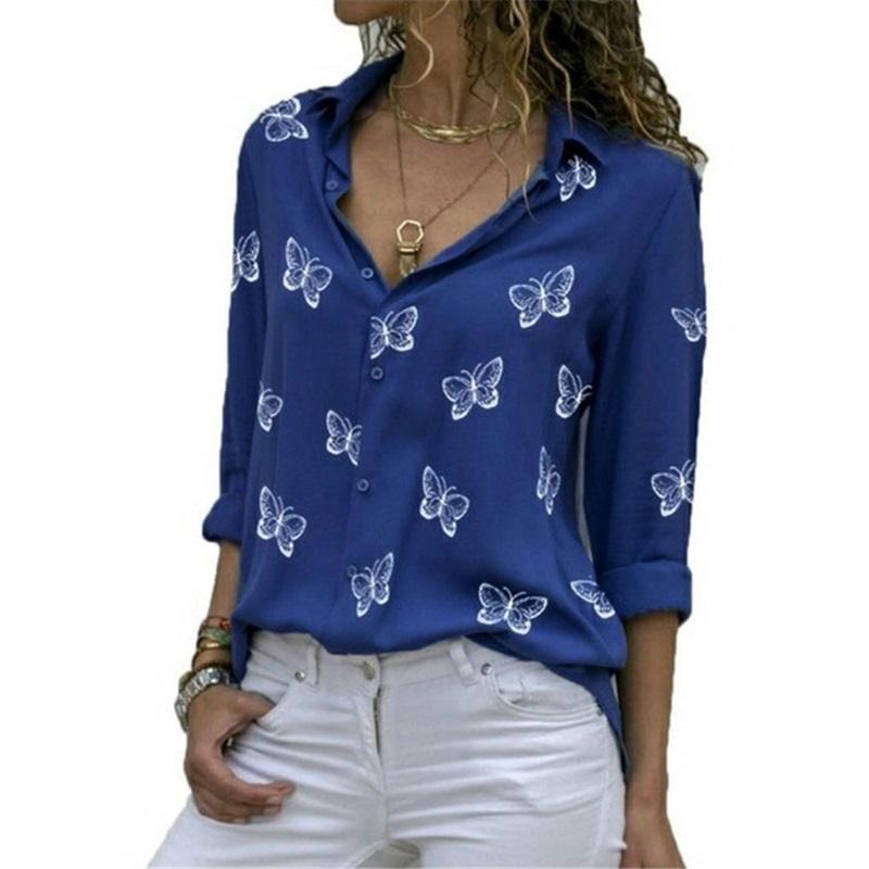 Multicolor Butterfly Print Loose Lapel Shirt Women