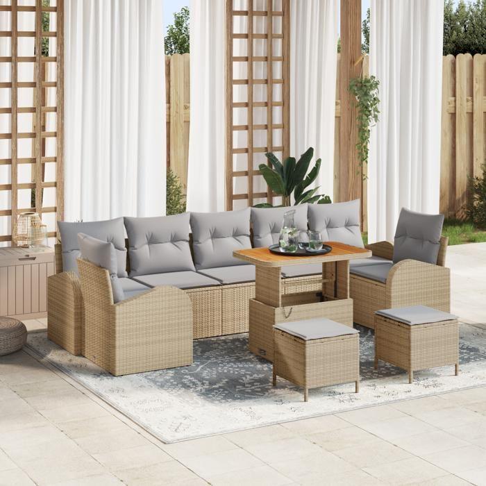 Salon de Jardin 10 pièces avec Coussins Beige en Poly Rattan, Canapé de Jardin 2 places avec Coussins Beige en Poly Rattan, 3362382