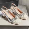 One Strap Block Heel Sandals Summer New Round Toe Shallow Slip Rhinestone Bow Non-Slip Pumps