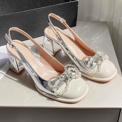 One Strap Block Heel Sandals Summer New Round Toe Shallow Slip Rhinestone Bow Non-Slip Pumps