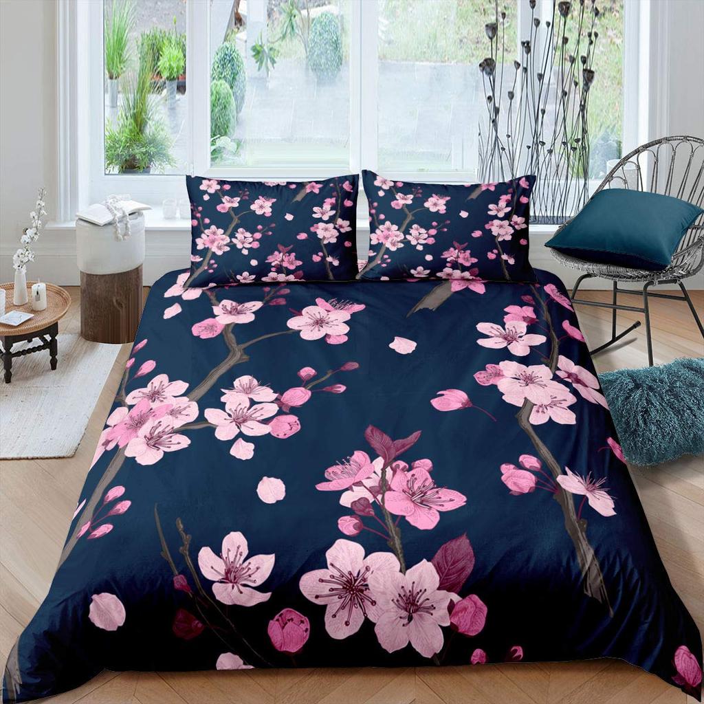 Pink Cherry Blossom King Queen Bedding Set Spring Flora Duvet Cover Japanese Flowers Quilt Cover Soft Polyester Comforter Cover
