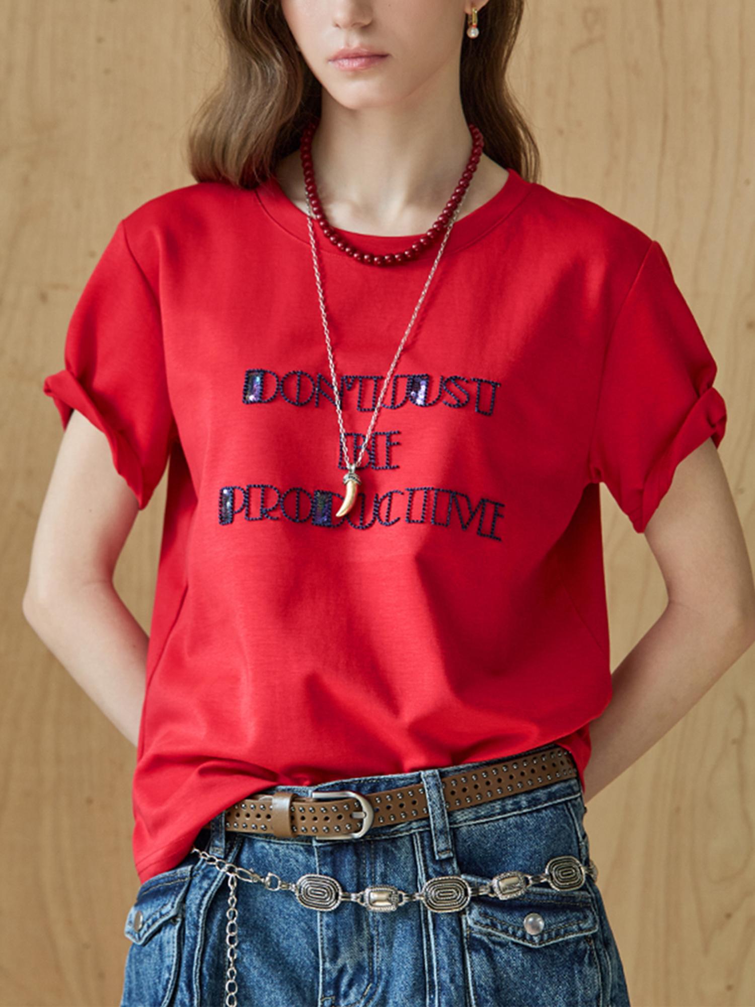 Maja Sequin Lettering Embroidery Short Sleeve T-Shirt Red/Free