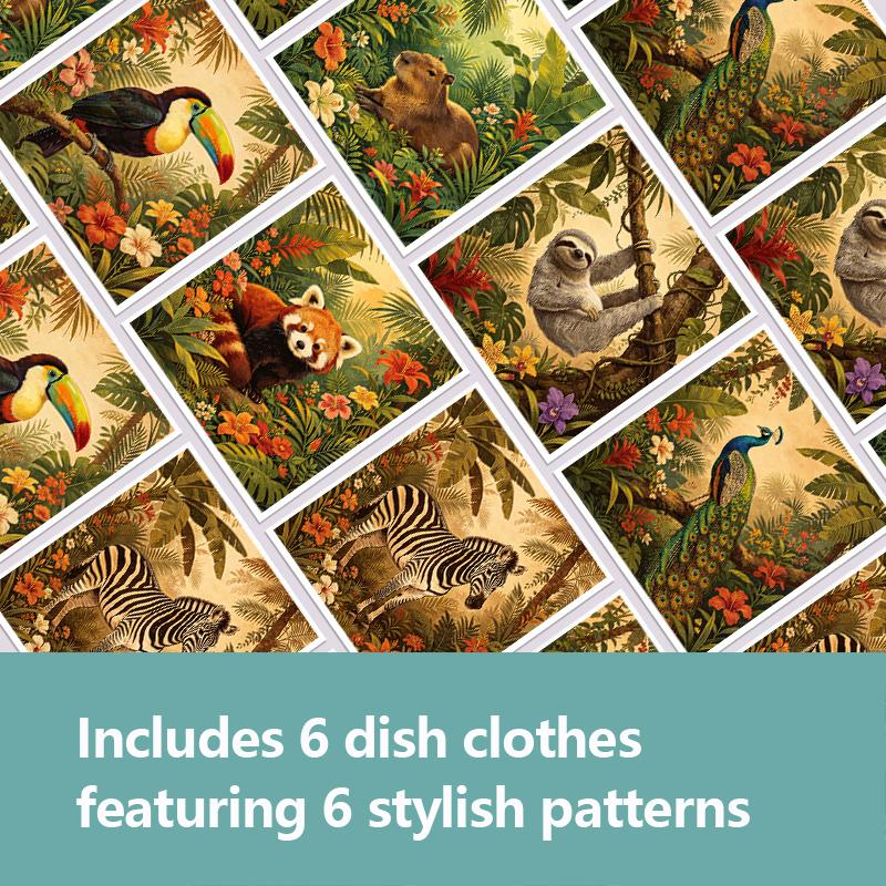 6PCS Cleaning Dishcloths Reusable Kitchen Dish Towels Tropical Animal Pattern Dishcloth Absorbent Lint Free Cloth Washable Duster Rags Tea Towels