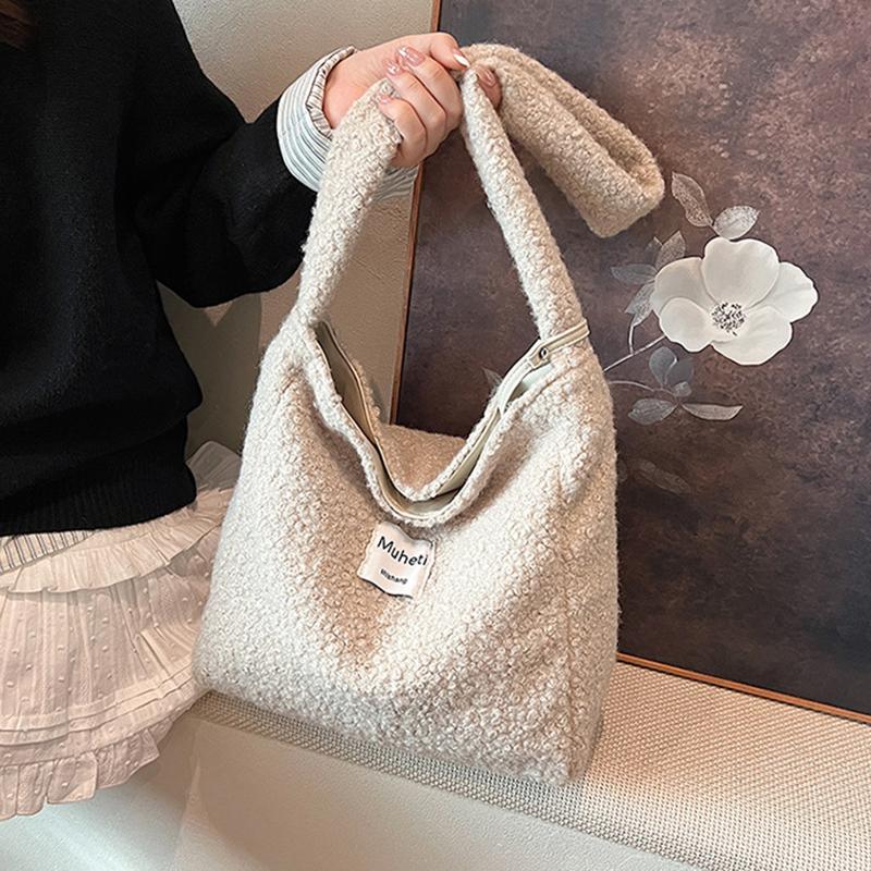 Women's Solid Color Imitation Sherpa Warm Plush Shoulder Bag with Inner Pocket Vintage Crossbody Handbag for Work & Travel KTY